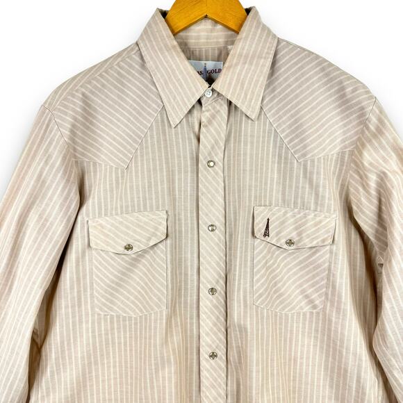Vintage Texas Gold Pearl Snap Western Style Shirt Long Sleeve Tan Striped Large - Picture 2 of 8